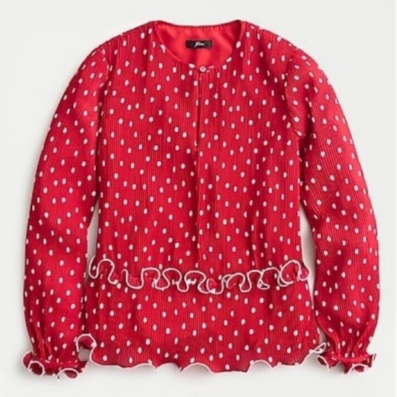 J. Crew Ruffle-trim Pleated Peplum Blouse in Red & White Polka Dot Women's 3X - Picture 1 of 7